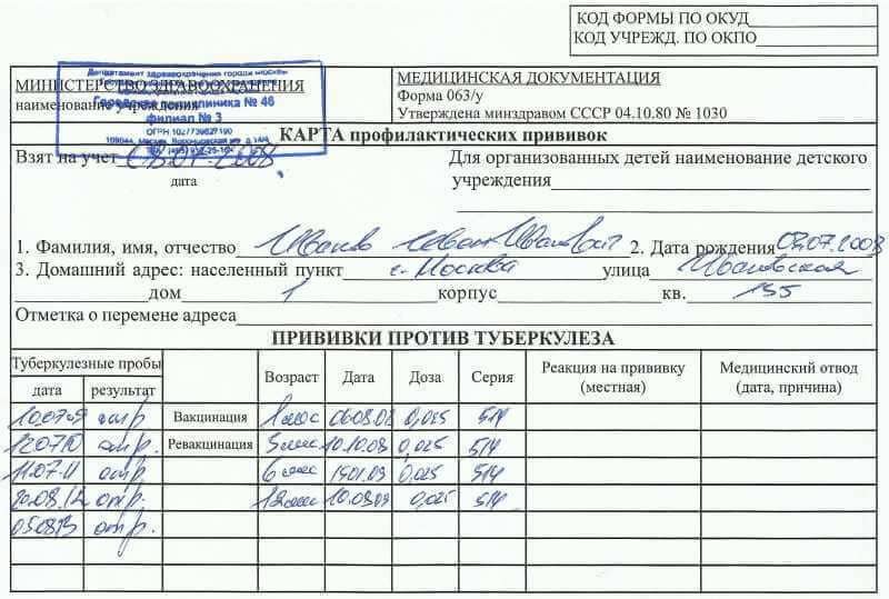 Прививочная карта формы 063 Прививочная карта формы 063